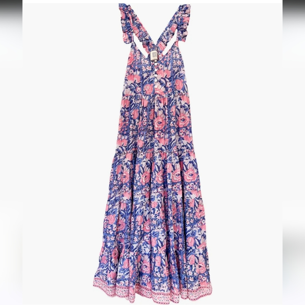 ALICIA BELL Harlow Floral Tiered Cotton Maxi Sundress Pink and Blue Size Medium